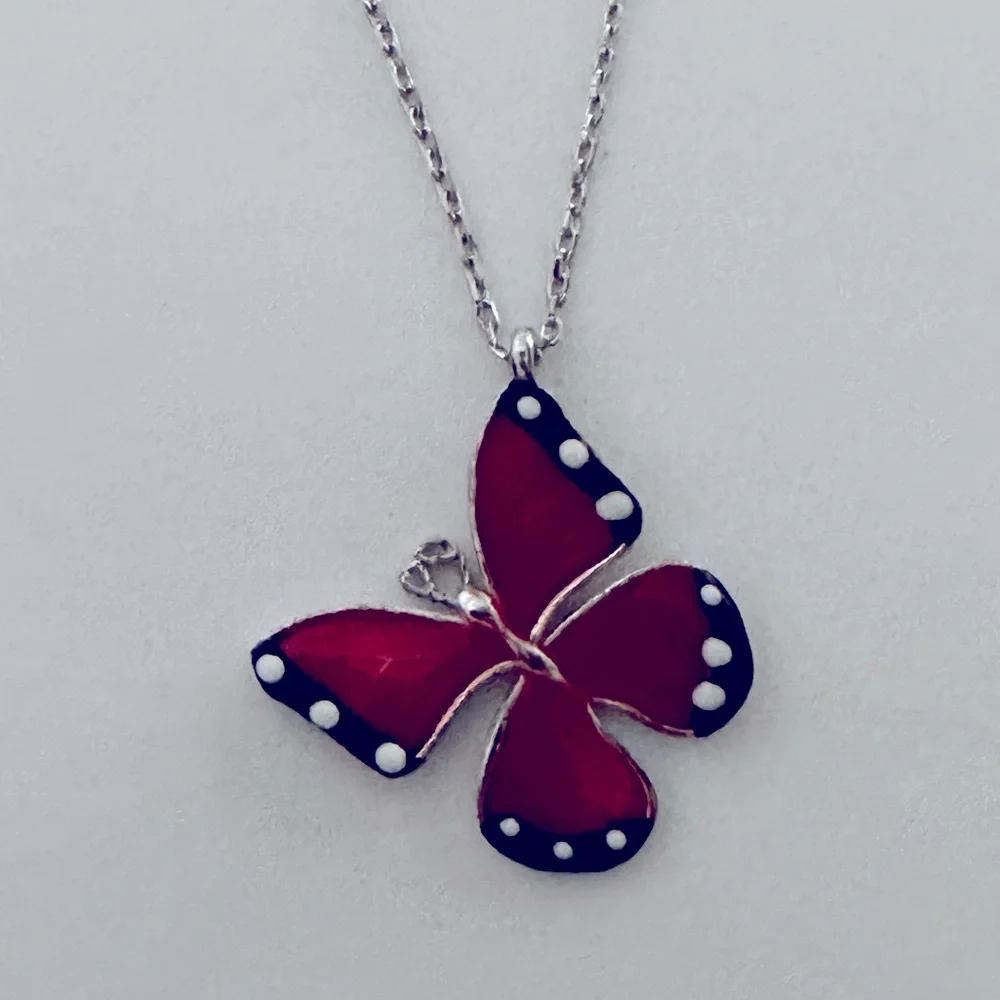 925 Silver red butterfly necklace enamel